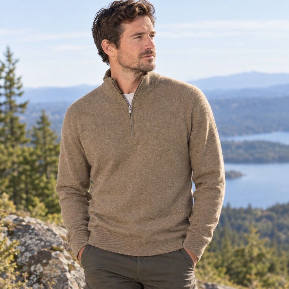 Quince Light Beige 100% Mongolian Cashmere Wool Quarter Zip Sweater Men 2XL (A6)